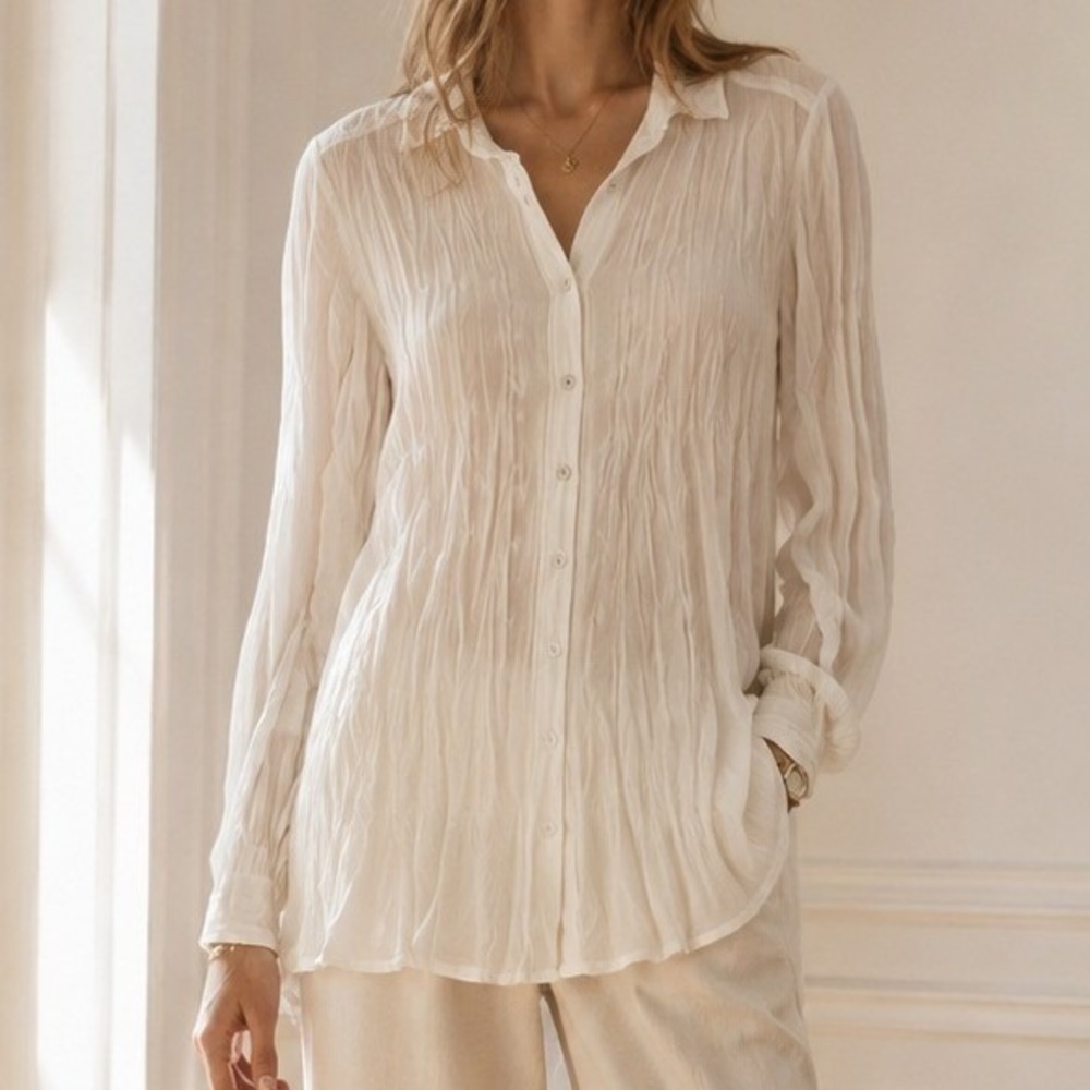 Alquema Crush Pleated Polyester Cruz Shirt Blouse White Lagenlook Size 1 Medium